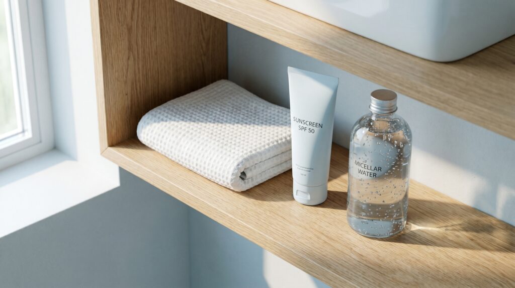 Produk BREVA: Sunscreen SPF 50 dan Micellar Water di rak kayu minimalis. Perawatan kulit premium untuk wajah cerah terlindungi.