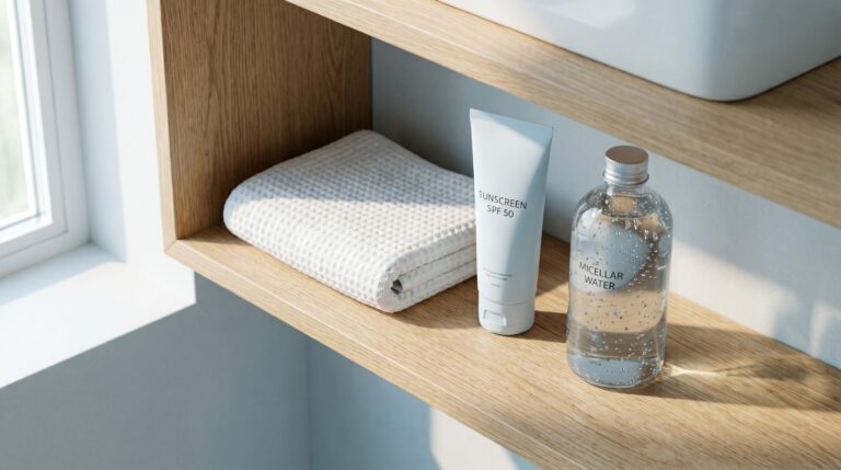 Produk BREVA: Sunscreen SPF 50 dan Micellar Water di rak kayu minimalis. Perawatan kulit premium untuk wajah cerah terlindungi.