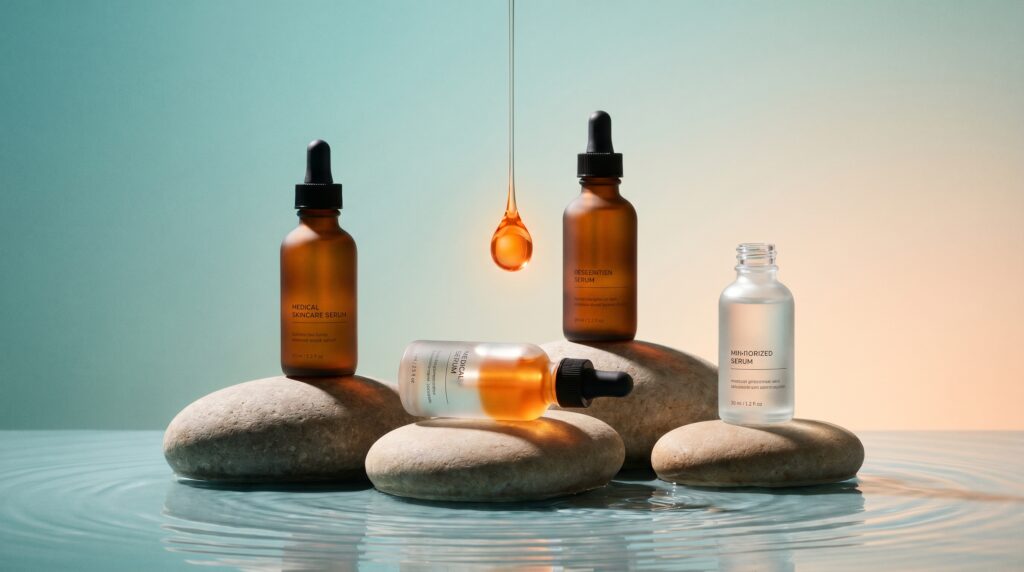 Koleksi serum BREVA premium: tiga botol skincare di atas batu alami dengan tetesan essence, menampilkan perawatan wajah untuk kulit sehat dan bercahaya.