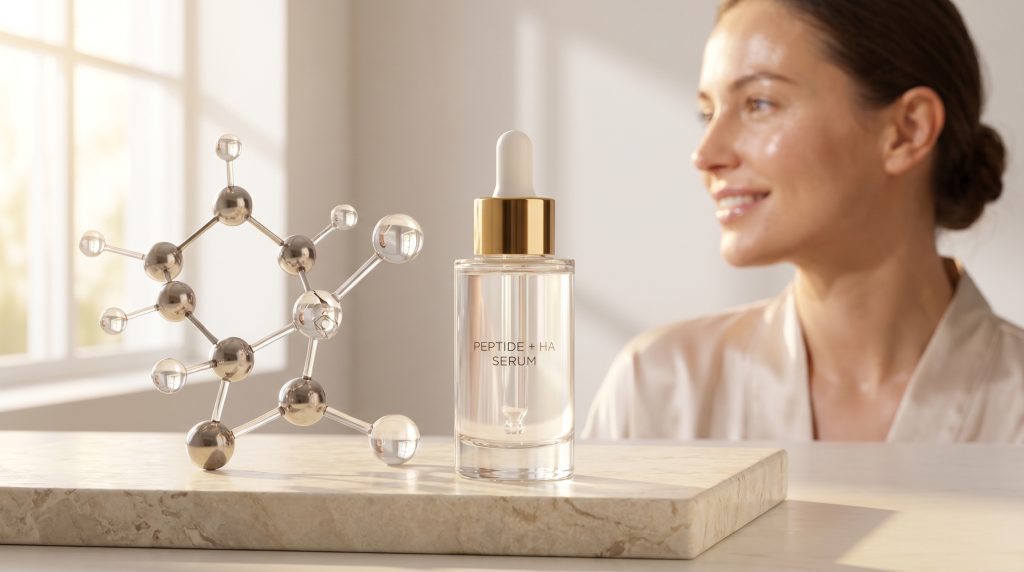 BREVA Peptide + HA Serum premium untuk kulit glowing, sehat, dan terhidrasi. Wanita dengan kulit cerah alami.