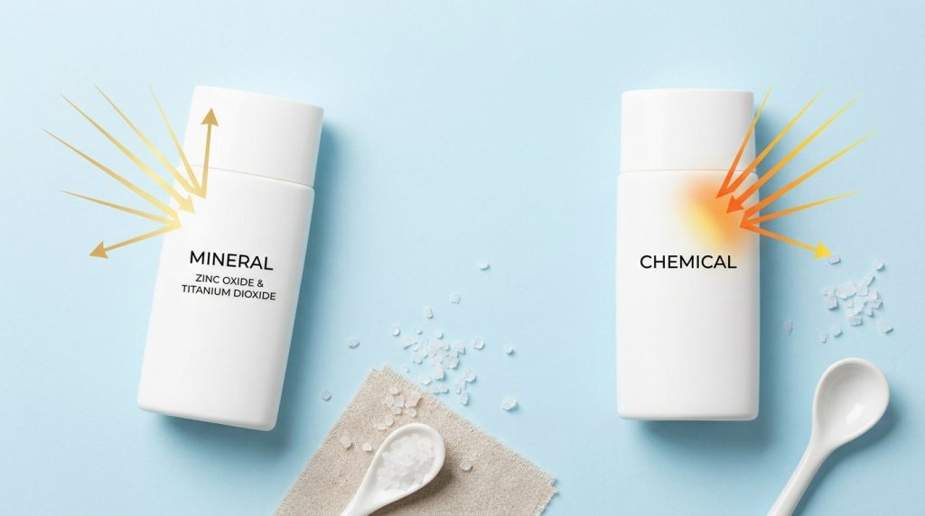 Dua botol BREVA sunscreen, mineral memantulkan sinar UV dan chemical menyerapnya, di latar biru muda. Pilihan perlindungan kulit premium BREVA.